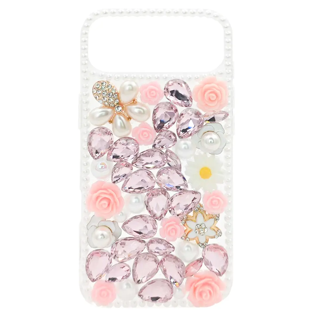 iPhone 17 Air Dream Crystal Gradient Flowers Full Diamond with Ornaments TPU Case Pink