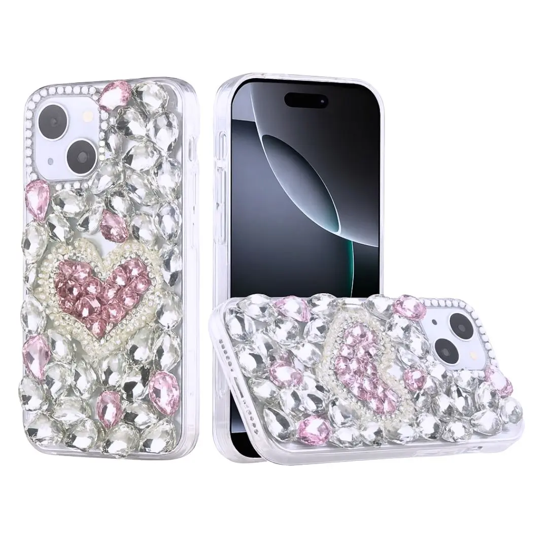 iPhone 15/iPhone 14/iPhone 13 Dream Crystal Love Full Diamond with Ornaments TPU Case Pink