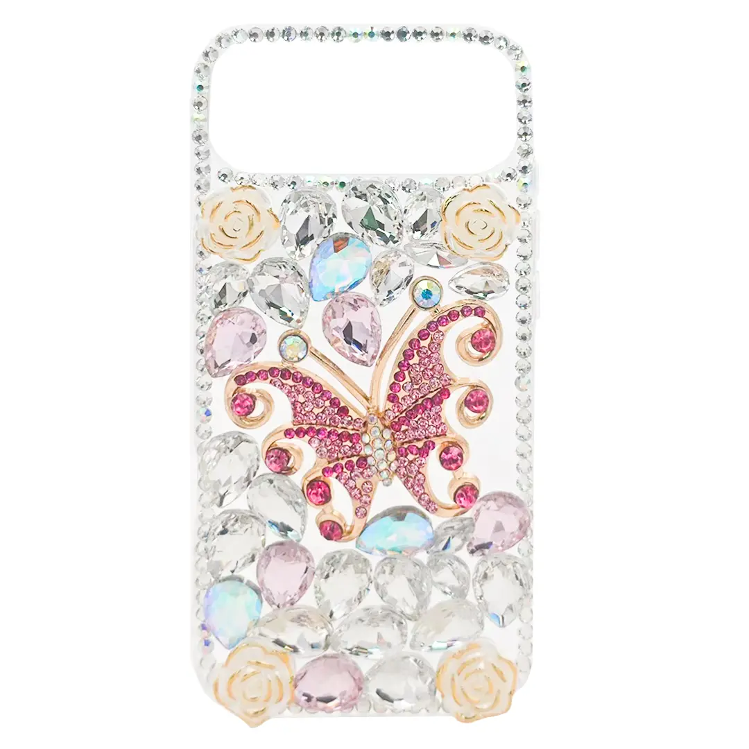 iPhone 17 Air Dream Crystal Butterfly Full Diamond with Ornaments TPU Case Pink