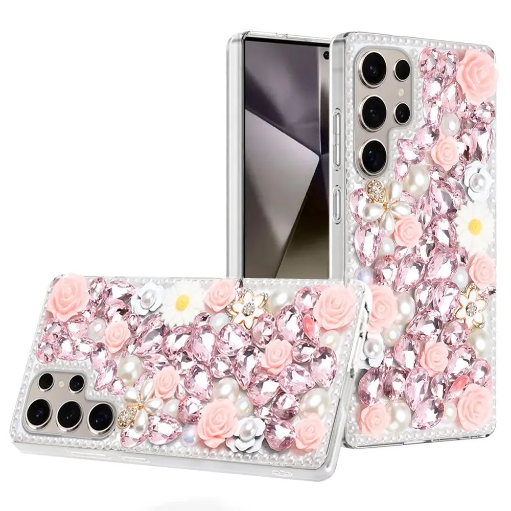 Samsung Galaxy S25 Ultra Dream Crystal Gradient Flowers Full Diamond with Ornaments TPU Case Pink
