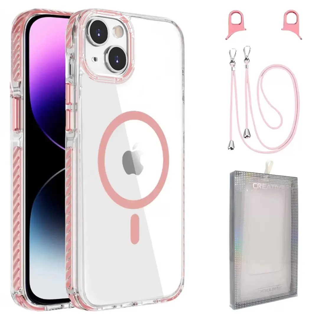 iPhone 15/iPhone 14/iPhone 13 Magsafe Clear Twotone Case with Lanyard Pink