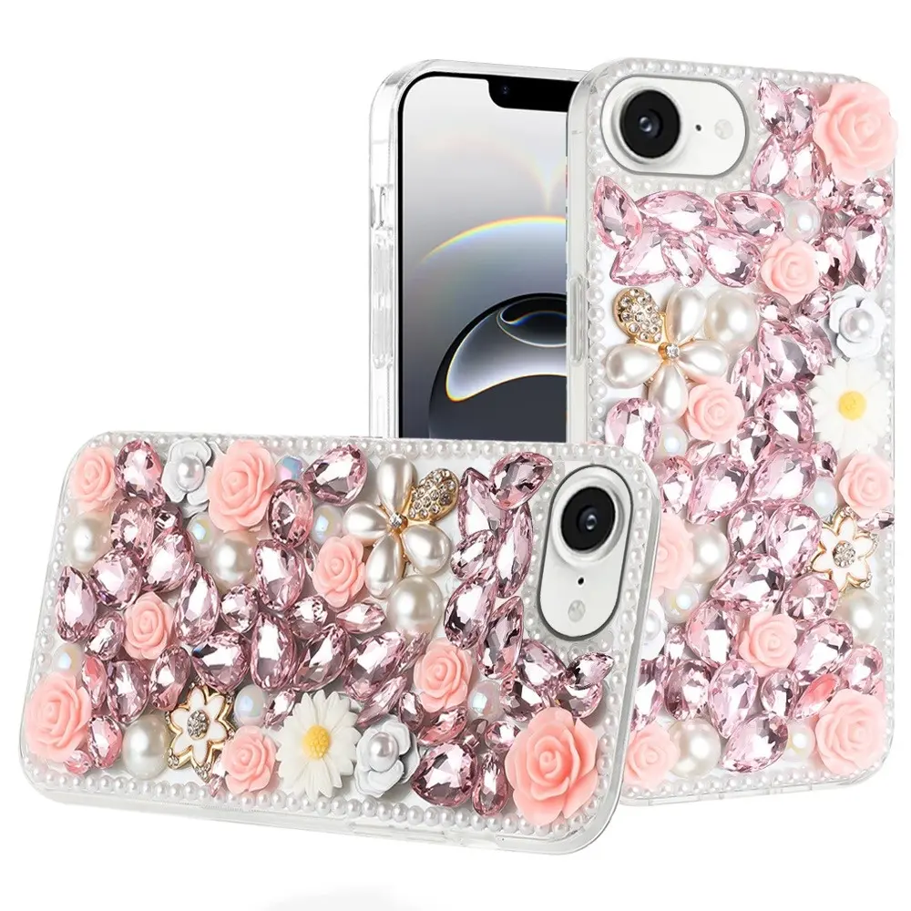 iPhone 16E Dream Crystal Gradient Flowers Full Diamond with Ornaments TPU Case Pink
