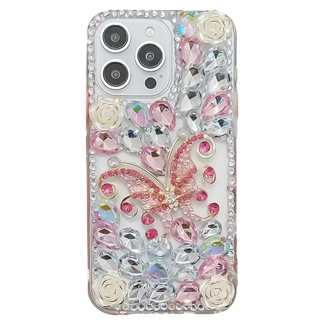 iPhone 17 Dream Crystal Butterfly Full Diamond with Ornaments TPU Case Pink