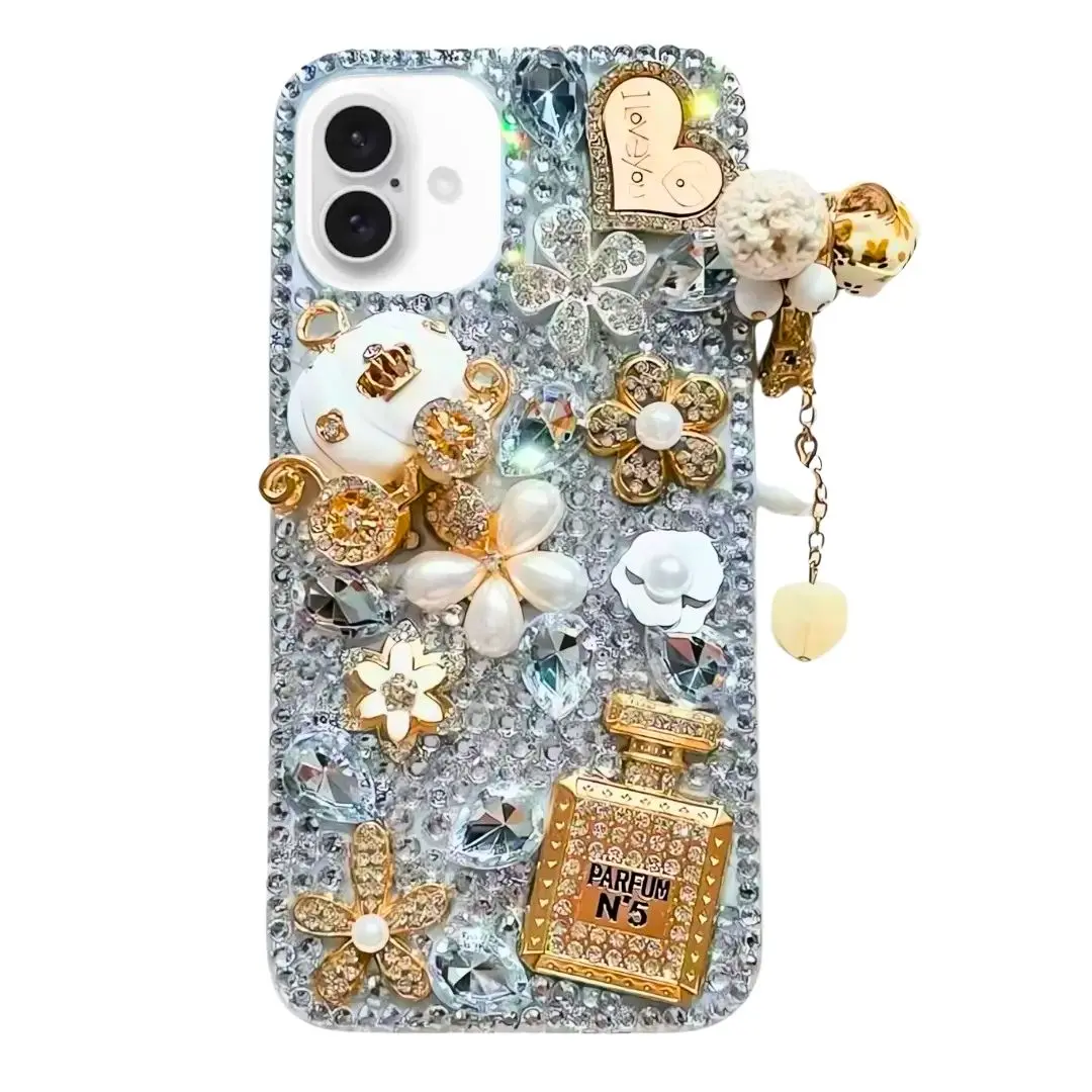 iPhone 16 Dream Crystal Pumpkin Perfume Bottle Full Diamond with Ornaments TPU Case Silver