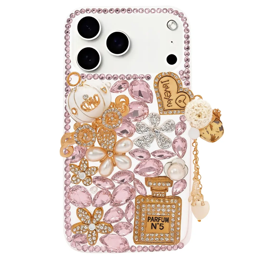 iPhone 17 Pro Dream Crystal Pumpkin Perfume Bottle Full Diamond with Ornaments TPU Case Pink