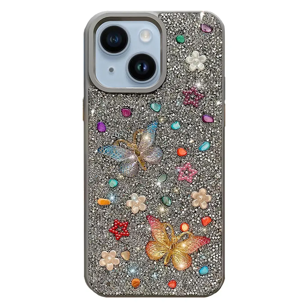 iPhone 15/iPhone 14/iPhone 13 Butterfly and Diamond Bling Case Light Gray