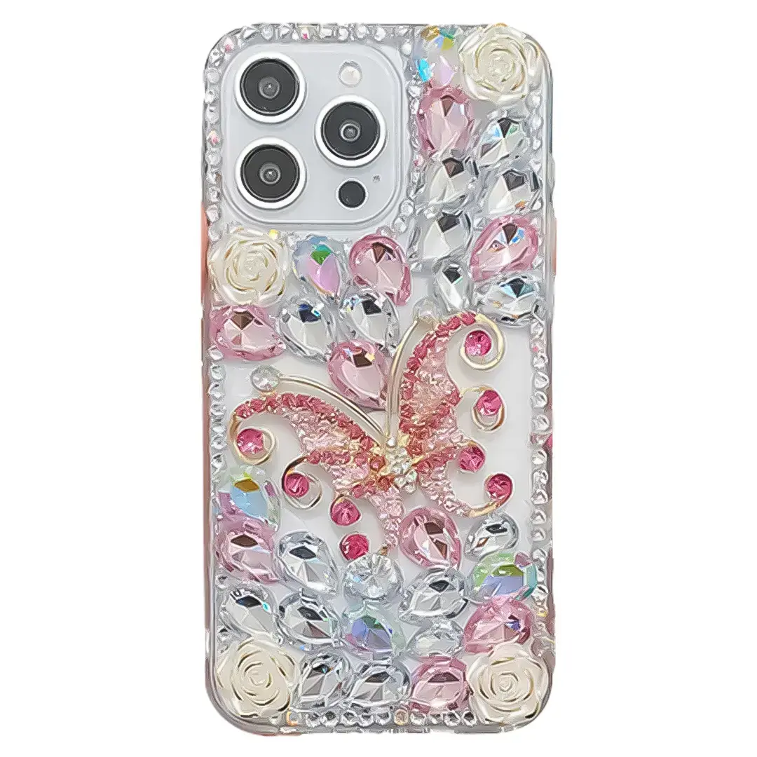 iPhone 17 Pro Dream Crystal Butterfly Full Diamond with Ornaments TPU Case Pink