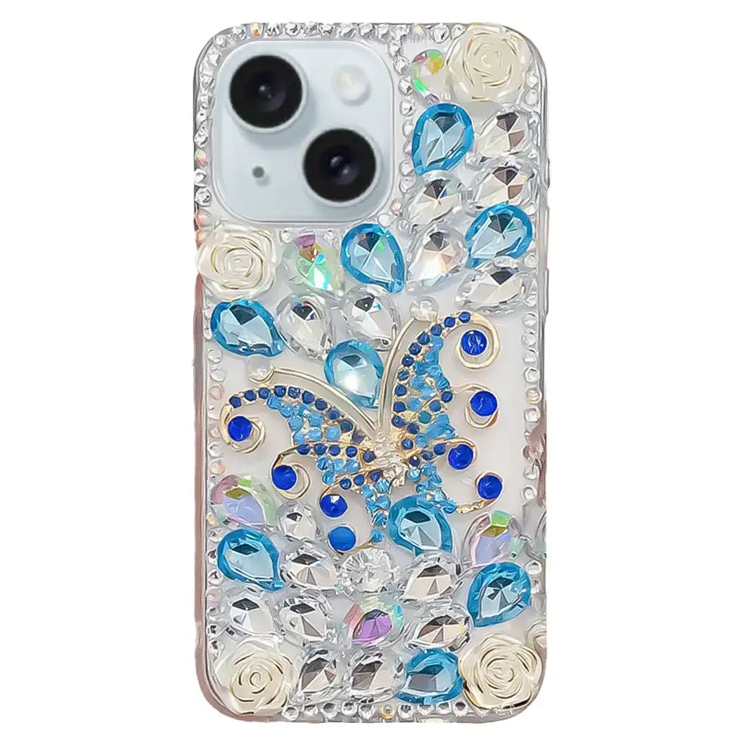 iPhone 15/iPhone 14/iPhone 13 Dream Crystal Butterfly Full Diamond with Ornaments TPU Case Blue