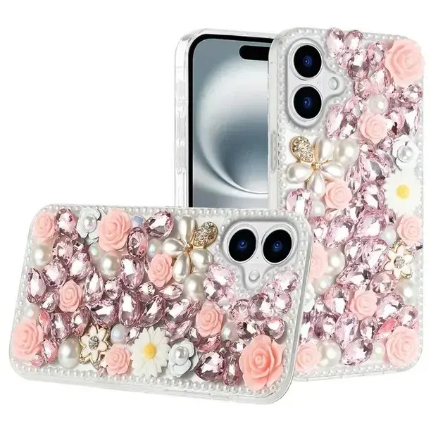 iPhone 17 Dream Crystal Gradient Flowers Full Diamond with Ornaments TPU Case Pink