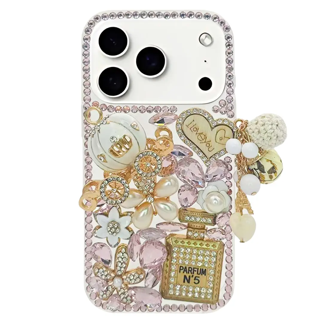 iPhone 17 Pro Max Dream Crystal Pumpkin Perfume Bottle Full Diamond with Ornaments TPU Case Pink